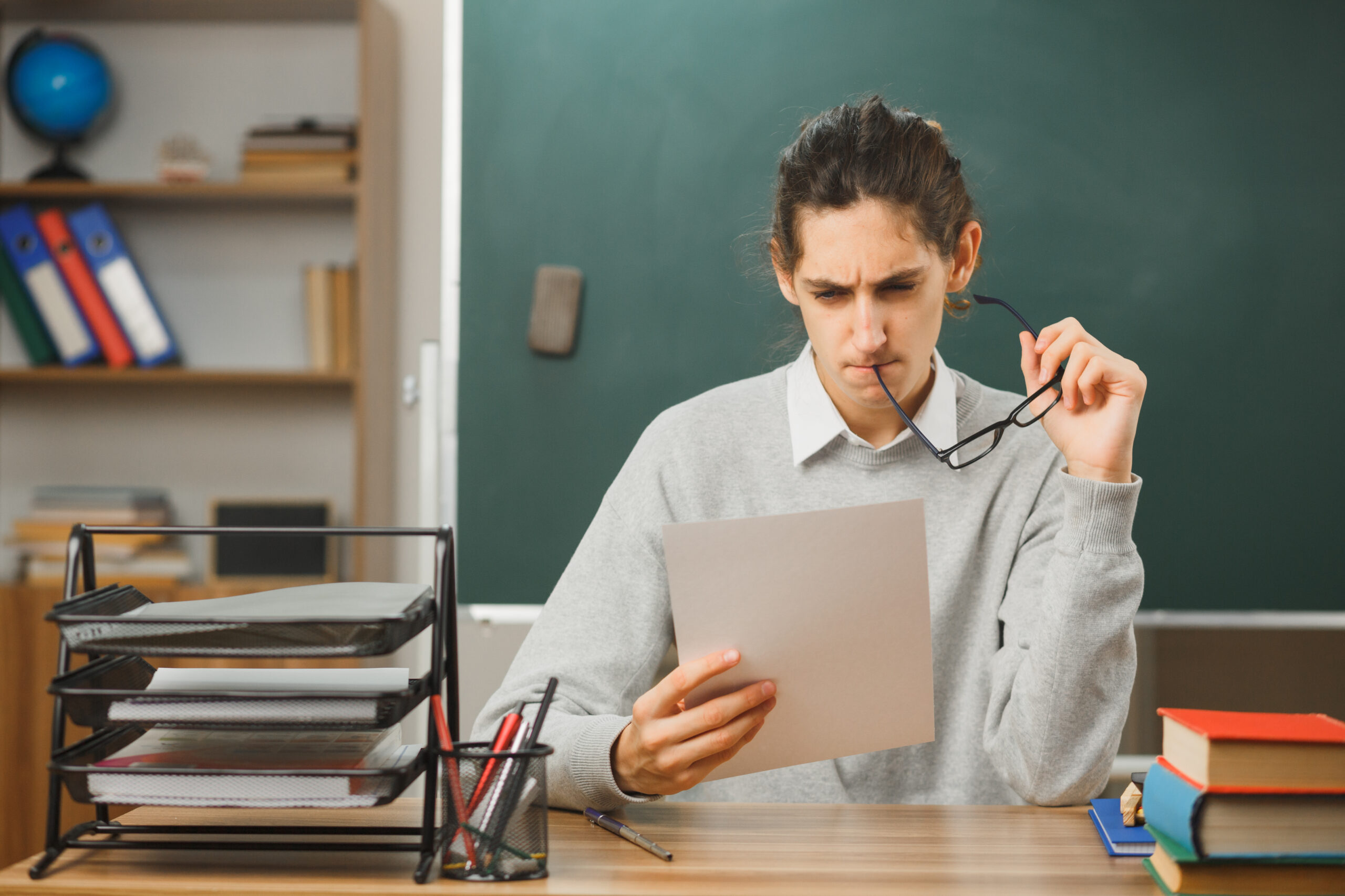 thinking-holding-glasses-looking-paper-his-hand-young-male-teacher-sitting-desk-with-school-tools-classroom